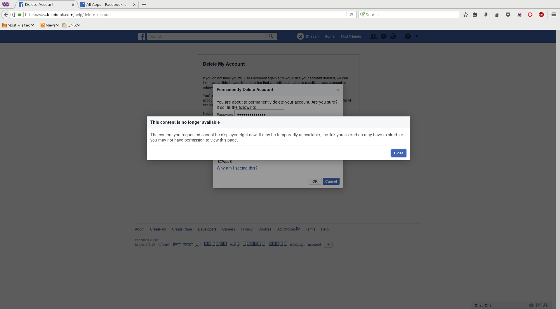 An attempt to delete Facebook account